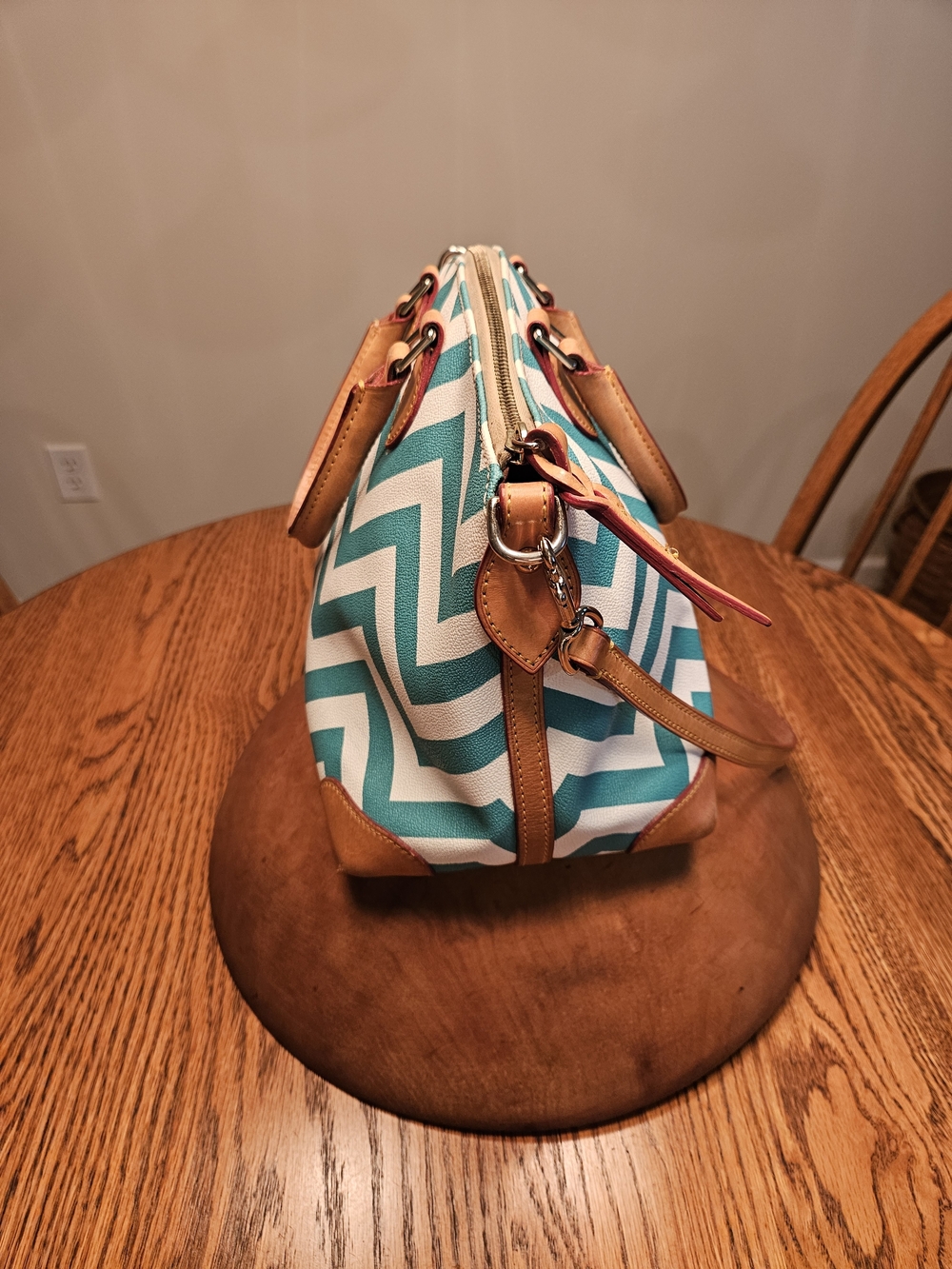 Dooney & Bourke Teal Chevron Satchel with Tan Leather Trim - Picture 6 of 11